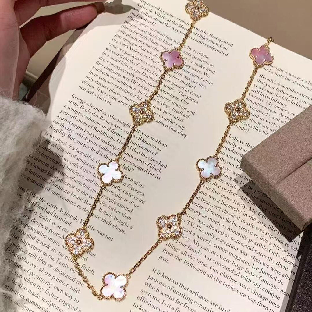 VCA CLOVER 10 MOTIFS DIAMOND PINK MOP NECKLACE