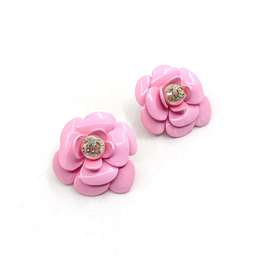 18K  Chanel Pink Camellia Resin Earrings