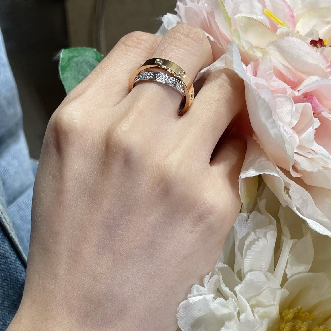 CARTIER LOVE PINK GOLD SILVER DIAMOND DOUBLE RING