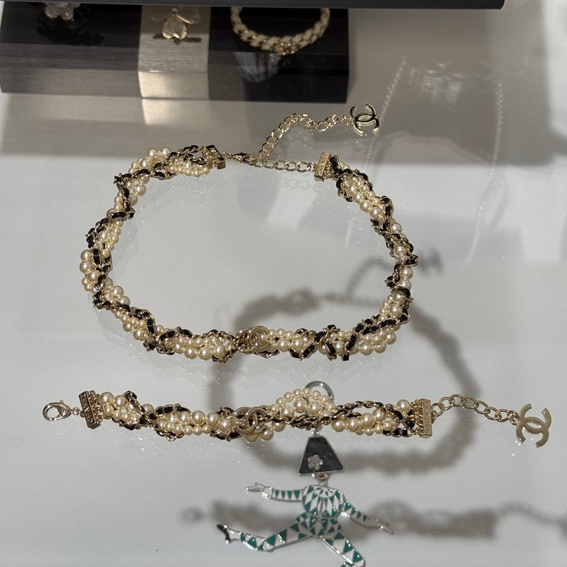 18K  Chanel Pearl Leather Choker Necklace