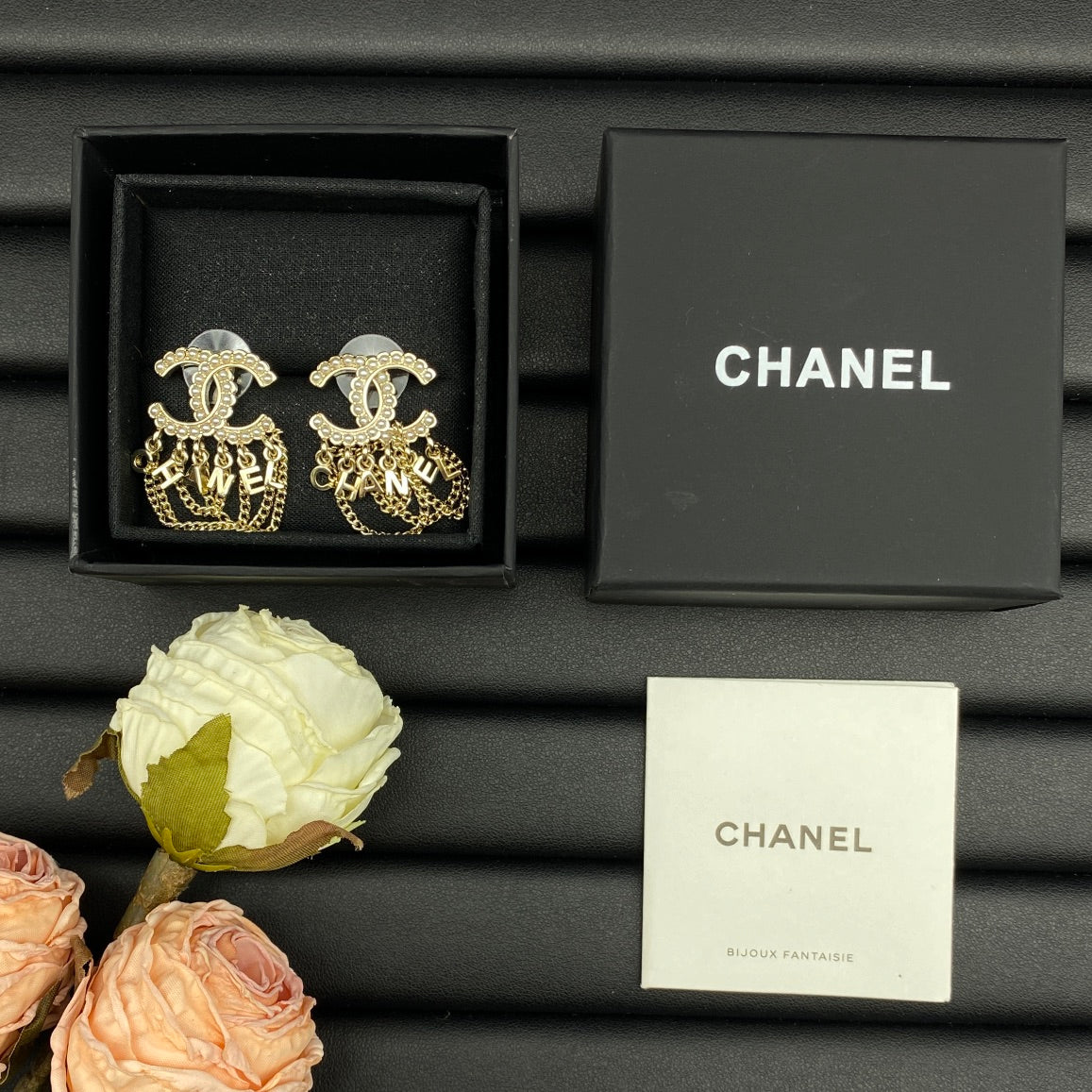 18K  Chanel Pearl Chain Link Earrings